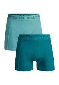 Dva para bokseric: ena v svetlo modri in druga v temno zeleni barvi. Vsake imajo mehak elastični pas z blagovno znamko "MUCHACHO".