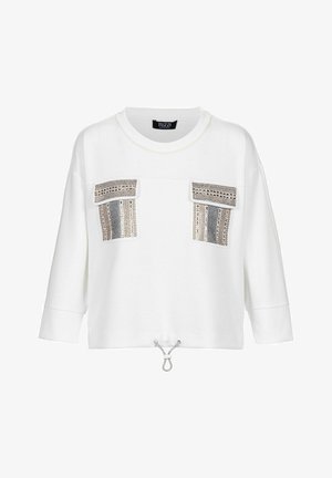 Weißes Langarmshirt mit zwei dekorativen, gemusterten Klappentaschen auf der Brust und verstellbarem Kordelzug am Saum, Rundhalsausschnitt, lockere Passform.