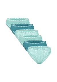 Zes dames bikini onderbroeken in afwisselend effen teal en lichtblauw met witte gemarmerde patronen, diagonaal gestapeld.