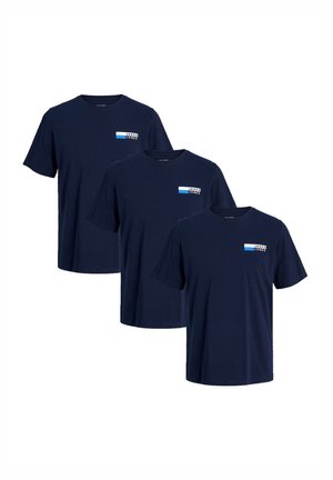 Navy blue cotton t-shirts with short sleeves and round necklines. Features a small graphic logo on the left chest area.