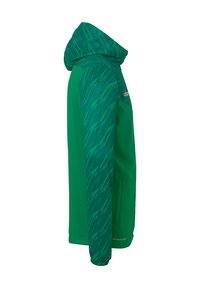 Grøn hoodie med et tekstureret mønster på ærmerne, der har en frontlomme, snørehætte og elastiske manchetter. Fremstillet af åndbart materiale.