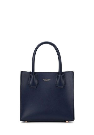 Borsa a tracolla in pelle blu mare con design strutturato, manici superiori doppi e dettaglio del logo in oro. Presenta una superficie liscia e forma rettangolare.