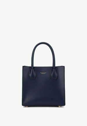 Sac fourre-tout en cuir marine avec un design structuré, des poignées supérieures doubles et un accent logo doré. Il présente une texture lisse et une forme rectangulaire.