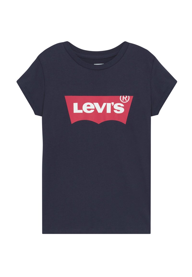 T-shirt en coton bleu marine à manches courtes avec un grand logo rouge Levi's en design Courbé sur le devant. Texture lisse et encolure ras du cou.
