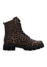 Stivali alla caviglia con stampa leopardata nera e marrone, punta rotonda, lacci frontali e suola nera spessa con texture scanalata.