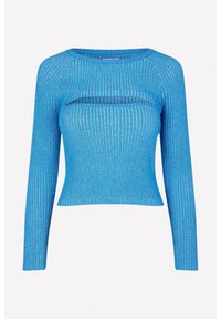 Maglione azzurro a maniche lunghe con una silhouette aderente e un dettaglio a taglio sul petto, realizzato in un tessuto a maglia testurizzato.