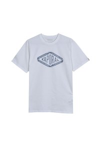 Camiseta de algodón blanca con un gráfico azul que incluye el texto "KAPORAL" y otras palabras. Mangas cortas, escote redondo y bajo recto.
