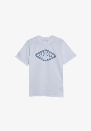 Witte katoenen T-shirt met een blauwe grafische afbeelding met de tekst "KAPORAL" en andere bewoordingen. Korte mouwen, ronde halslijn en rechte zoom.