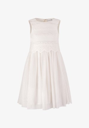 Robe blanche sans manches avec un corsage texturé, des détails en dentelle festonnée, et une jupe évasée en tissu transparent. Fermeture éclair au dos.