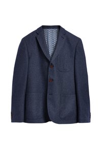 Námořnický modrý blazer z texturované látky, s dvěma knoflíky, jednou náprsní kapsou a vzorovaným modrým podšíváním.