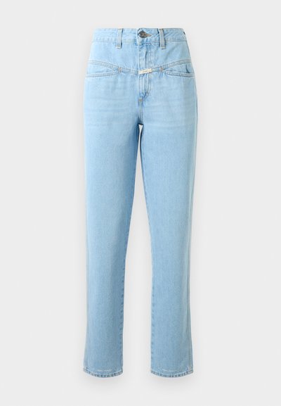 Vaaleansiniset korkeavyötäröiset farkut, joissa on etutaskut, nappi- ja vetoketjukiinnitys sekä suora lahkeen leikkaus.