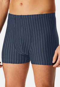 Boxer blu navy a righe realizzati in un tessuto morbido, con righe verticali bianche e azzurro chiaro, cinturino elastico e apertura con zip frontale.