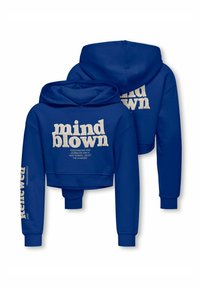 Korthitad blå hoodie i mjukt tyg med vit tryckt text på framsidan och ärmarna. Huva-design med ribbade ärmslut.