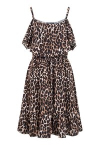 Robe sans manches imprimée léopard avec volant sur les épaules dénudées, taille élastique et ourlet à volants, dans des tons marron, noir et beige.