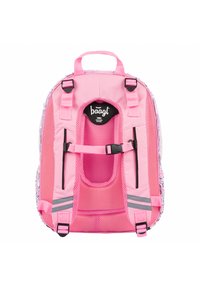 Zaino rosa in tessuto, caratterizzato da una texture a rete e strisce riflettenti. Dotato di spallacci regolabili e schienale imbottito per il massimo comfort.