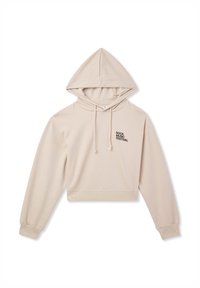 Beżowy krótki hoodie z kapturem na sznurku, z prążkowanymi mankietami i dolnym obszyciem. Na przodzie znajduje się tekst "FESTIWAL MUZYKI ROCKOWEJ" w kolorze czarnym.