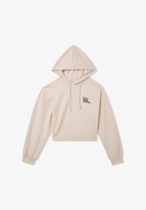 Beżowy krótki hoodie z kapturem na sznurku, z prążkowanymi mankietami i dolnym obszyciem. Na przodzie znajduje się tekst "FESTIWAL MUZYKI ROCKOWEJ" w kolorze czarnym.