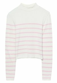 Vit ribbad långärmad topp med rosa horisontella ränder, med hög krage och kort längd. Slät textur med subtil stretch.