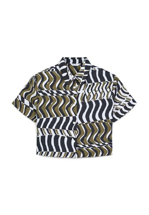 Short-sleeve collared shirt featuring bold black, white, and olive green wave patterns, button closure, and a left chest pocket.