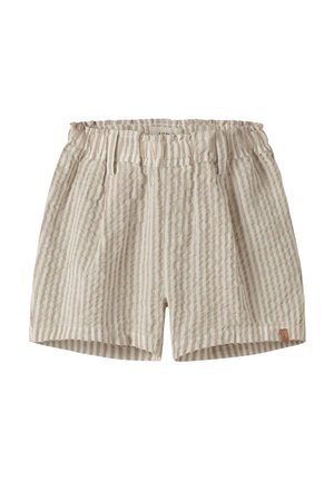 Beežid ja valged vertikaalsete triipudega puuvillased lühikesed püksid, millel on elastne vöökoht, vööaasad, ees voldid ja väike nahast logolapp ääres.