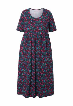 Šaty s krátkými rukávy z tmavé látky s květinovým vzorem v růžové a tyrkysové barvě, mají kulatý výstřih a skladovaný pas.