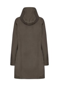 Abrigo largo de color marrón oscuro con un cuello alto y un diseño minimalista. Presenta líneas rectas y una textura suave. Sin herrajes o acentos visibles.