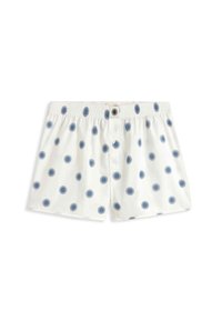 Weiße Boxershorts mit blauen Kreis-Mustern, elastischem Bund und Knopfleiste. Der Stoff wirkt glatt und leicht.