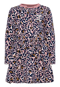 Langärmliges Kleid in Pink mit einem Leopardenmuster, das marineblaue, braune und weiße Akzente aufweist. Ausgestellter Rock mit geraffter Taille.