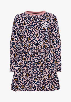 Langarmige jurk in het roze met een luipaardprintpatroon, voorzien van marineblauwe, bruine en witte accenten. Uitlopende rok met een geraffineerde taille.