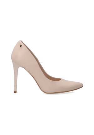 Beige high heel shoe with a pointed toe, smooth leather texture, slender stiletto heel, and a small gold accent on the back.