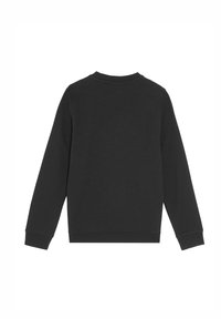 Felpa nera, misto cotone, collo rotondo, maniche lunghe, polsini e orlo a coste, superficie liscia, design minimale, senza loghi o accenti visibili.