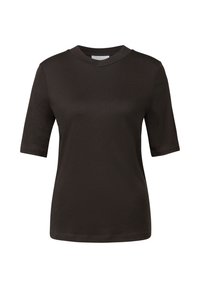 T-shirt nero a maniche corte realizzato in cotone morbido. Presenta un collo rotondo e una silhouette aderente. Texture liscia senza motivi o dettagli.
