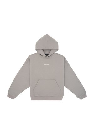 Light gray hooded sweatshirt with a kangaroo pocket, dropped shoulders, ribbed cuffs and hem, featuring small white text on the front.