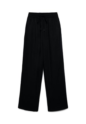 Pantaloni neri a gamba larga con vita elastica e coulisse frontale regolabile, realizzati in tessuto leggero.