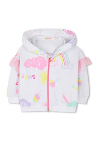 Witte ritshoodie met kleurrijke prints van wolken, regenbogen, zon en ijsjes, met roze volantaccenten op de mouwen.