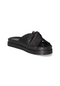 Zwarte leren slipper met een geknoopt bovenwerk, een platte zool met een lichte afgeschuinde rand en een gladde textuur.