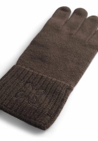 Braune gestrickte Handschuhe mit einem gerippten Bündchen, die ein dezentes besticktes Blümchenmotiv aufweisen. Der Stoff wirkt weich und strukturiert, mit deutlich erkennbaren Fingeröffnungen.