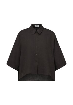 Black oversized button-up shirt with short wide sleeves, pointed collar, and slightly curved hem.