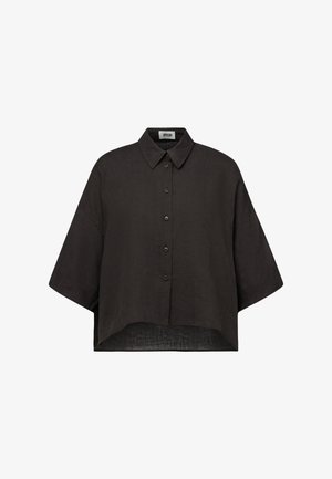 Black oversized button-up shirt with short wide sleeves, pointed collar, and slightly curved hem.