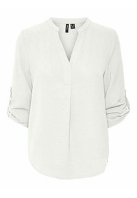 Vaaleanharmaa, kevyt blouson, jossa on V-pääntie, kolme neljännesosapituista hihoja, jotka on kääritty ylöspäin, ja hieman kaareva helma. Materiaali on pehmeää ja tekstuurista.