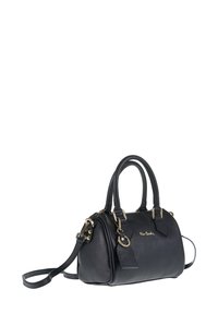 Borsa a mano in pelle nera con hardware dorato, doppio manico superiore, tracolla removibile e logo impresso sul davanti.