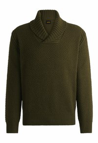 Suéter de punto verde oscuro con una textura gruesa, que presenta un cuello chal y puños y dobladillo acanalados. Hecho de una tela gruesa y caliente.