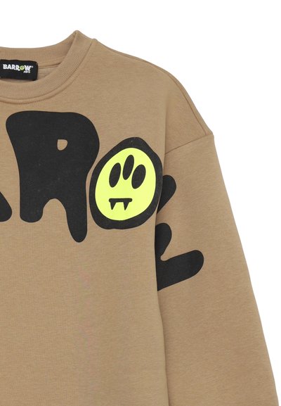 Felpa marrone con grande testo grafico nero e giallo neon. Realizzata in morbido materiale, presenta un collo rotondo e un design a vestibilità rilassata.