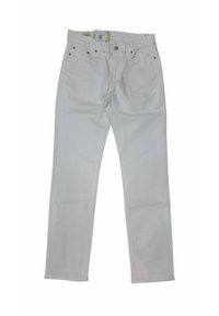 Jeans in denim bianco con design a gamba dritta, cinque tasche, chiusura con bottone metallico e dettagli di cucitura a contrasto.
