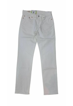 Jeans in denim bianco con design a gamba dritta, cinque tasche, chiusura con bottone metallico e dettagli di cucitura a contrasto.