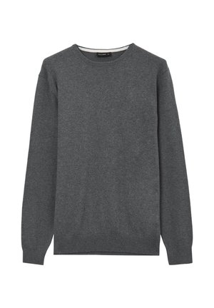 Dunkelgrauer Langarm-Pullover mit Rundhalsausschnitt, gerippten Bündchen und Saum, flach auf einem weißen Hintergrund präsentiert.