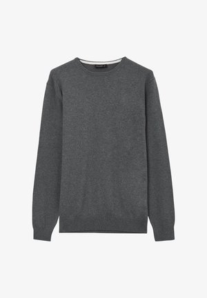 Maglione grigio scuro a maniche lunghe con colletto a giro, con polsini e orlo a costine, disposto piatto su uno sfondo bianco.