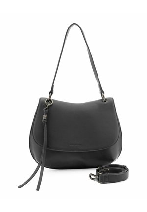 Schwarze Leder-Schultertasche mit geschwungener Form, verstellbarem Gurt und silbernen Hardware-Akzenten. Sie hat eine glatte Textur und ein dezentes Logo-Detail.