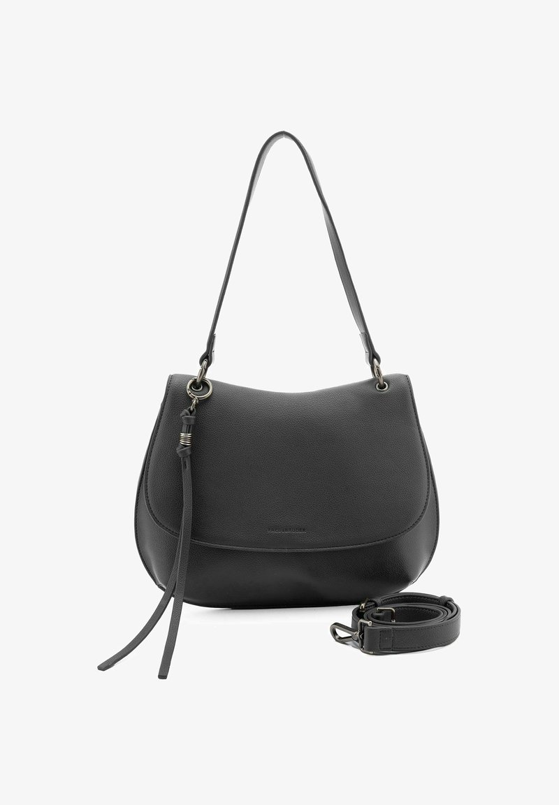 Borsa a spalla in pelle nera con forma curva, tracolla regolabile e dettagli in metallo argentato. Presenta una texture liscia e un discreto logo.