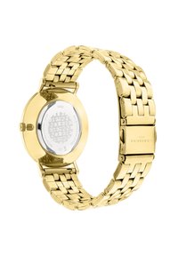 Goldfarbener Edelstahl-Uhr mit einem Gliederarmband, runder Gehäuseform und einem transparenten Rücken, der filigrane Gravuren zeigt. Wasserdicht.